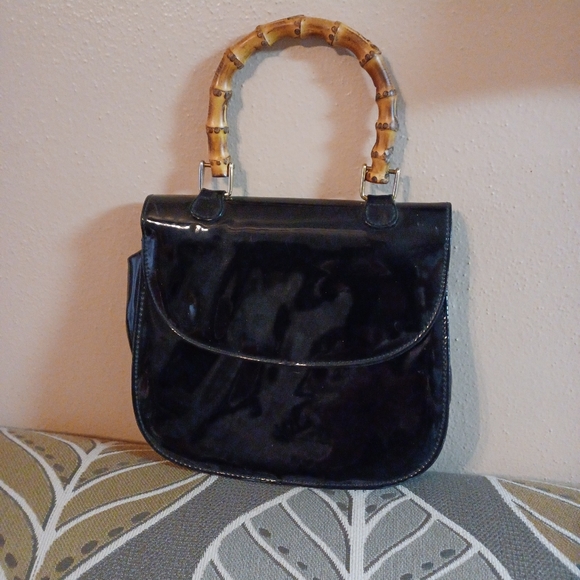 Vintage Bamboo Handle Patented Leather Black Vinyl Evening Handbag 8" - Picture 11 of 12